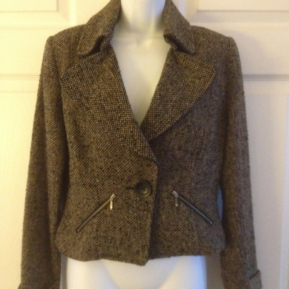 CAbi Black Brown Cropped Tweed Moto Jacket #638, 4